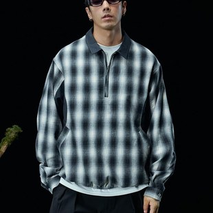 S059 索罗娜拼接 TANOXI 磨毛定织纯棉格纹布 polo 半拉链长袖 衬衫