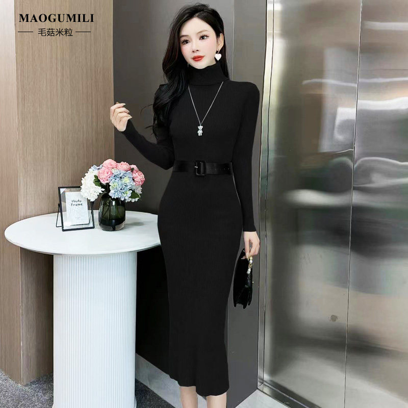 针织连衣裙女秋冬修身高领气质长款包臀配大衣的内搭打底毛衣裙子