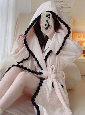 2024新款睡袍女秋冬季珊瑚绒加厚连帽长款浴衣浴袍紫色冬天睡衣