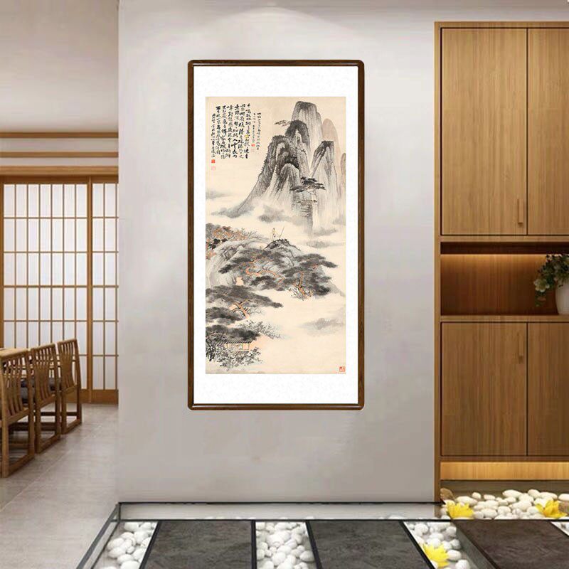 张大千拟石涛山水画酒店茶楼字画客厅装饰画入户玄关过道竖幅挂画