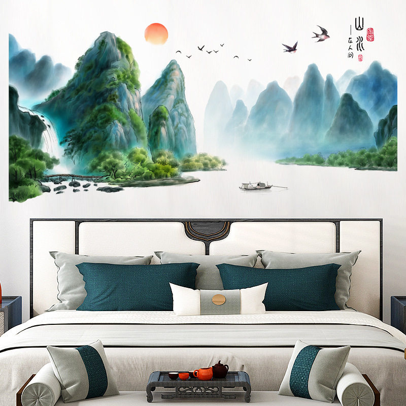 青山绿水山水画墙贴纸中式客厅沙发背景电视墙壁墙面装饰自黏贴画