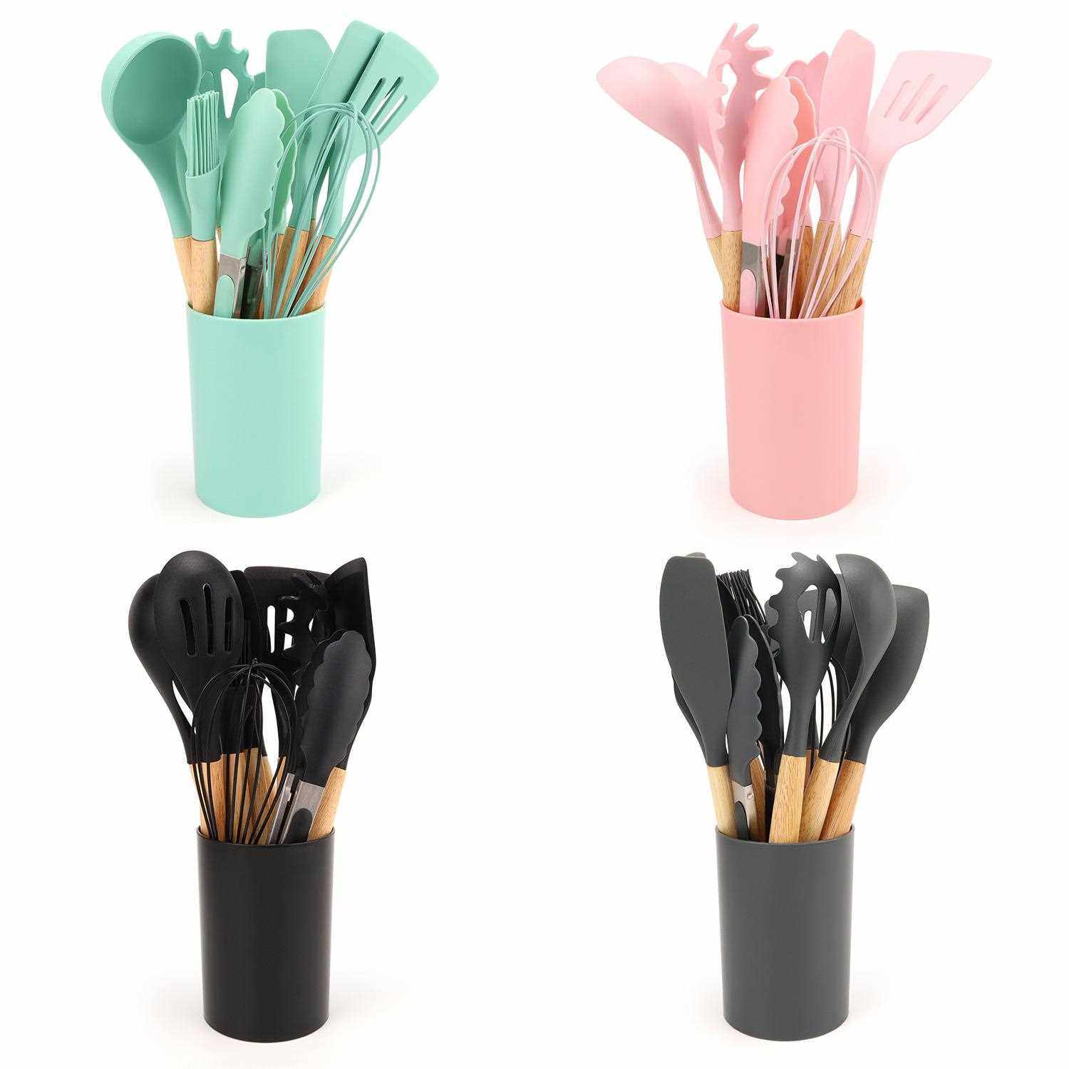 直销新款现货烹饪不粘锅收纳桶装木柄硅胶厨具轻木柄12件套不粘锅,厨房/烹饪用具,锅铲,淘宝优惠券,粉丝福利购,淘宝优惠卷