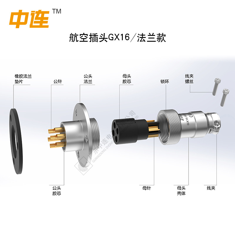 中连GX镀金连接器GX16航空插头2-10芯带孔母插带针公座接快速接线