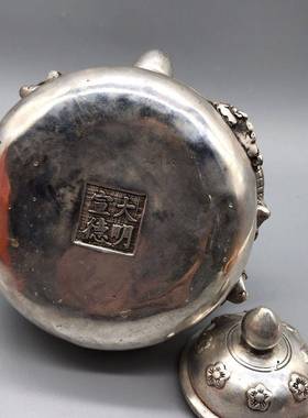 仿古老物件白铜镀银高提梁银茶壶打造银壶壶收藏摆件