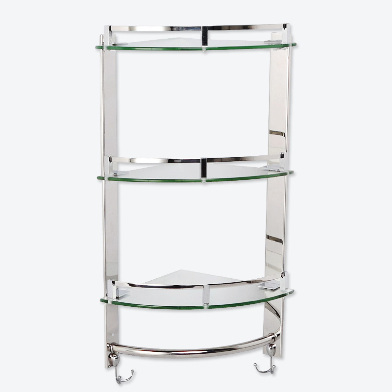 三层玻璃三角架不锈钢转角置物架化妆室浴室玻璃角架带毛巾杆挂钩