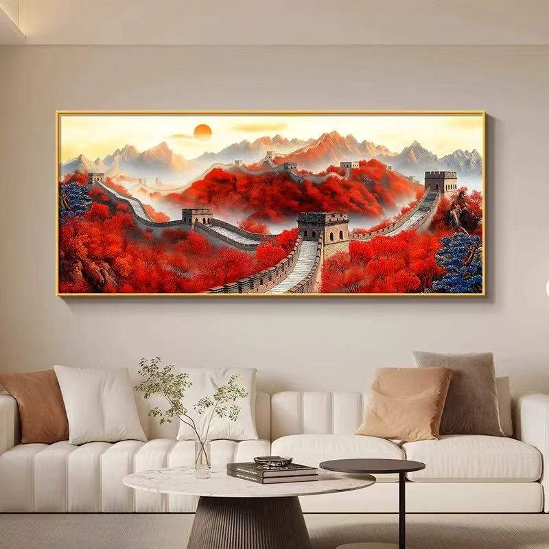 鸿运当头挂画新中式客厅沙发背景墙装饰画办公室万里长城画靠山图