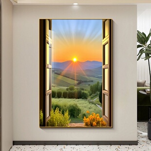 日出东方玄关挂画客厅过道假窗户装饰画空间延伸酒店楼梯间风景画