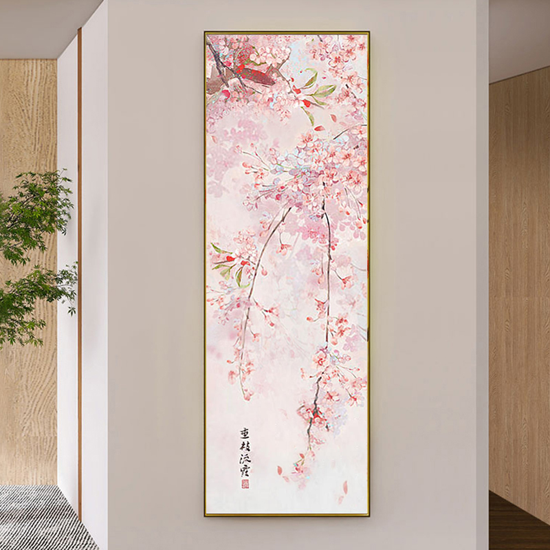 新中式盛开桃花轻奢油画玄关装饰画原木风温馨客厅花卉竖版挂壁画图片