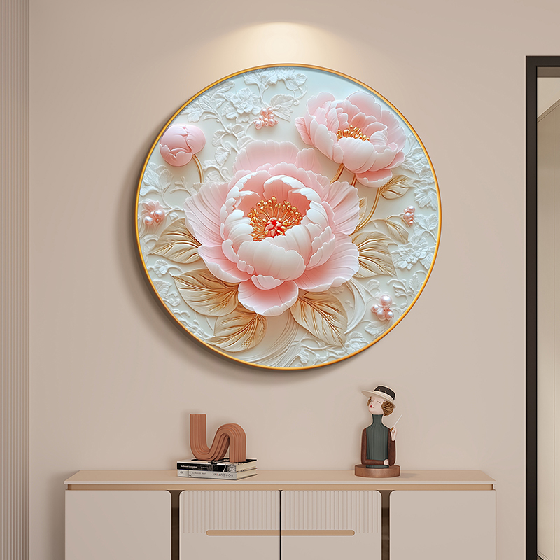 牡丹花圆形挂画奶油风客厅装饰画高级感玄关画花开富贵卧室床头画图片