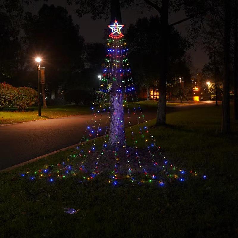 直销新款LED太阳能五角星瀑布灯 圣诞节装饰灯户外星星灯瀑布灯串