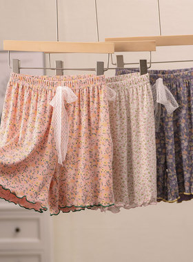 优可丝螺纹女童睡裤夏季女孩蝴蝶结宽松外穿短裤中大童碎花家居裤