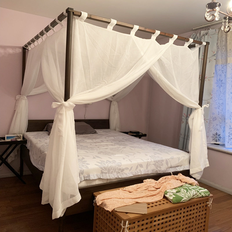 新中式美式古典四柱架子床幔纱防蚊帐定制简约粘扣吊带整体床帘幔