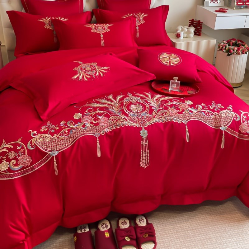 高档中式结婚四件套大红色陪嫁床单被套纯棉婚庆床上用品婚房喜被