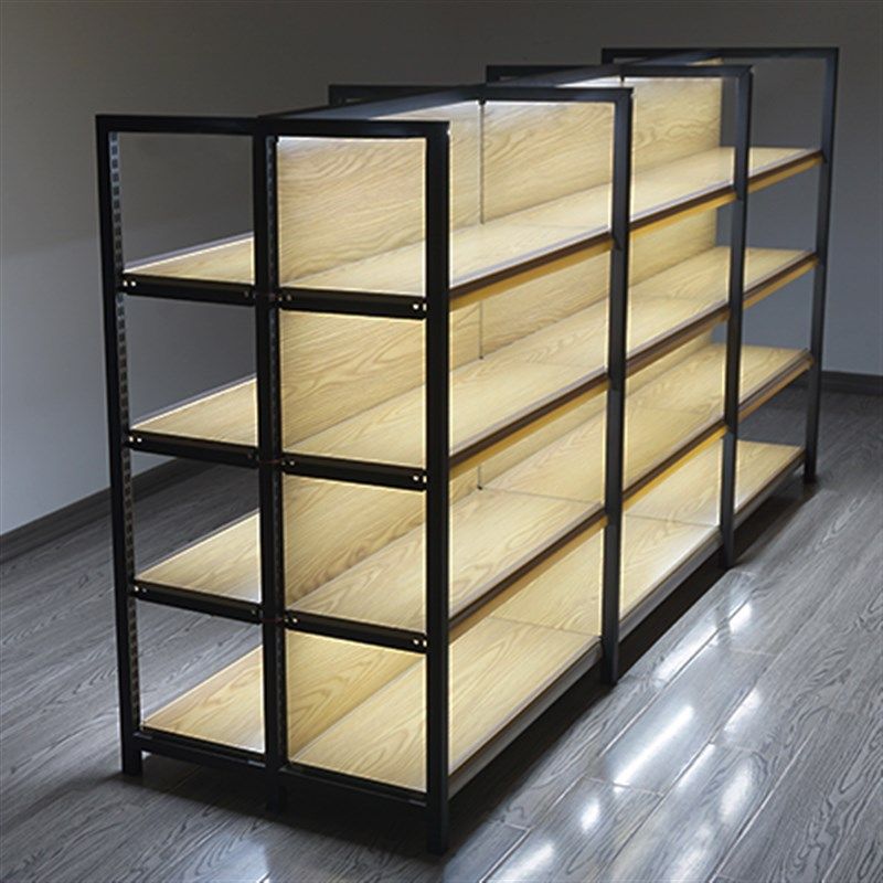 超市货架单面多层组合铁质转印钢木纹带LED灯箱精品展示架置物架