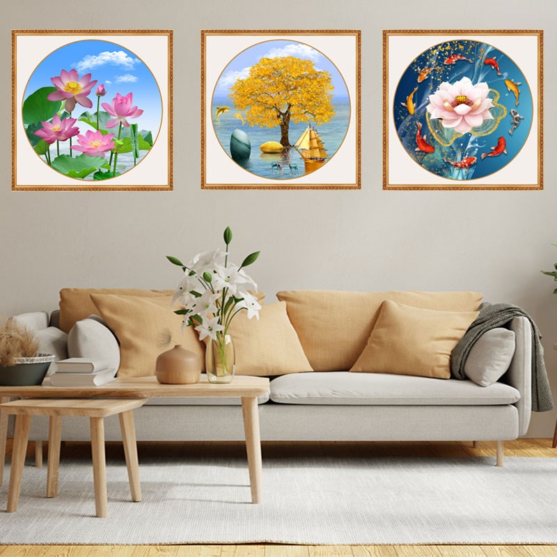方形装饰画牡丹餐厅画卧室床头自粘贴画客厅沙发背景墙画荷花九鱼图片
