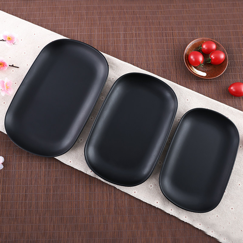 密胺仿瓷餐具肠粉盘子火锅生菜烤肉大盘子长方碟黑色磨砂烧烤碟子