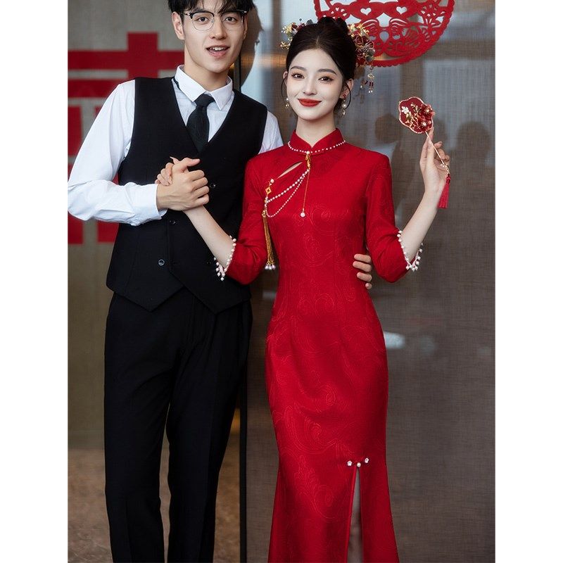 鱼尾敬酒服新娘旗袍小个子酒红色2025新款订婚礼服裙新中式结婚女