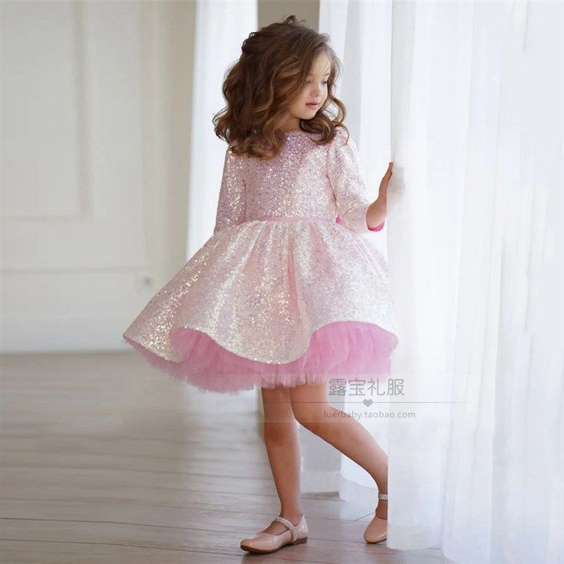 粉色女童连衣裙2024新款洋气女孩长袖亮片公主裙生日夏季儿童裙子