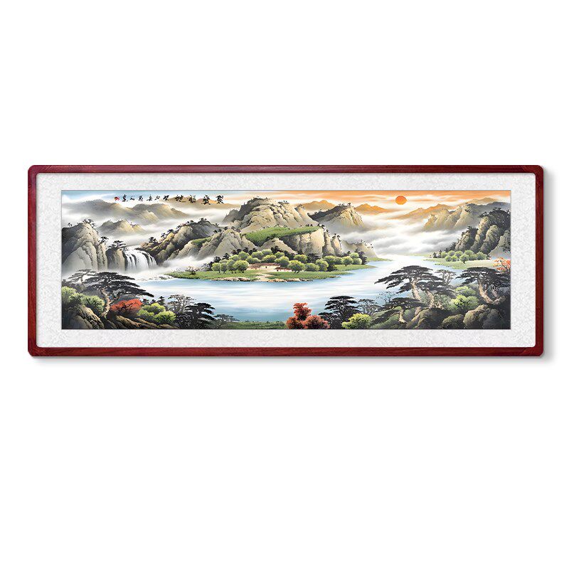 手绘聚宝盆山水画客厅挂画旭日东升办公室沙发背景墙装饰画靠山图