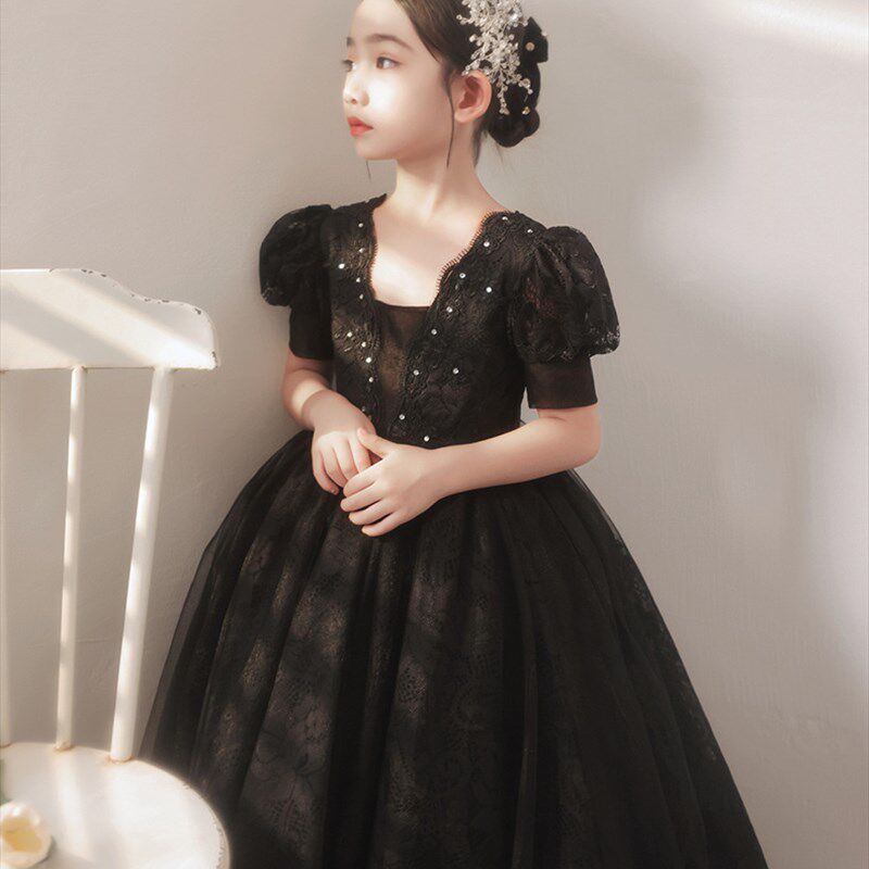 女童高端大码黑色礼服公主裙婚纱蓬蓬纱花童生日主持人钢琴演出服