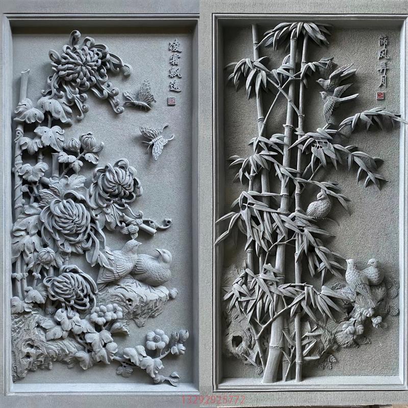 石雕浮雕梅兰竹菊青石壁画新中式庭院别墅装饰鹤鹿同春浮雕画挂件