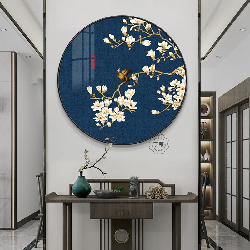 新中式客厅装饰画晶瓷沙发背景墙圆形创意壁画大气玄关饭厅画挂画图片