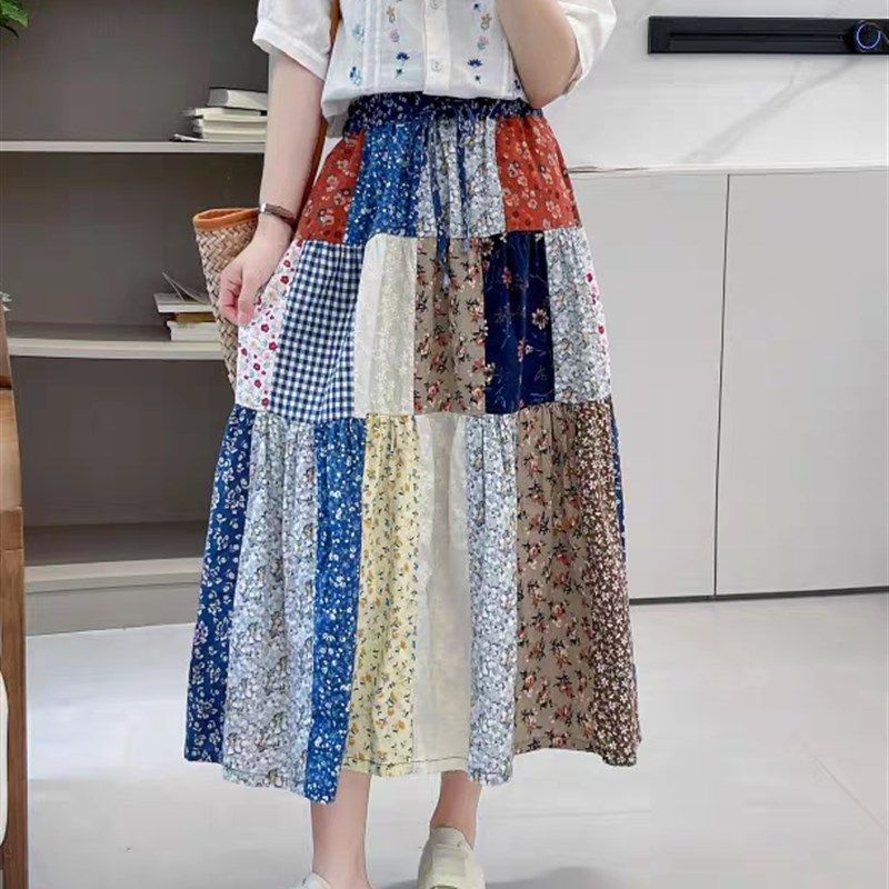 森系民族复古风文艺百家布拼接松紧腰宽松休闲百搭甜美a字半身裙