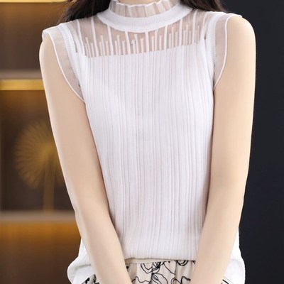 法式无袖吊带背心女半高领内搭西装白色上衣蕾丝羊毛衫针织打底衫