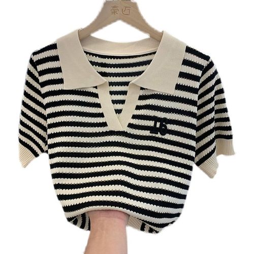 加肥加大码Polo领短袖条纹T恤女夏季设计感镂空上衣撞色小衫薄款