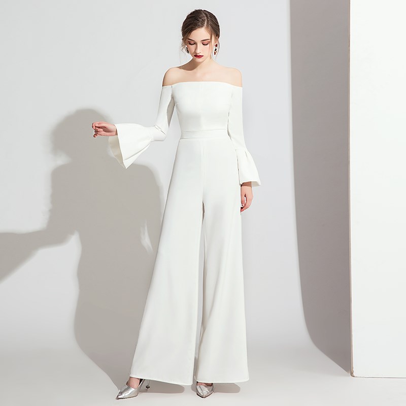 气质连体裤晚礼服女2023新款宴会高贵名媛一字肩连衣裙礼服白色春