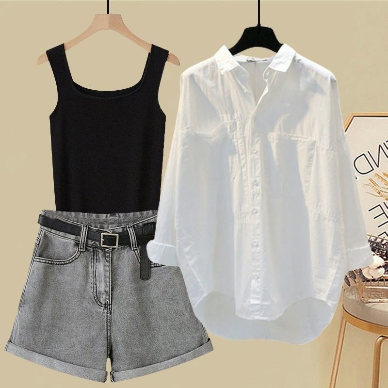 夏季套装女2024新款大码女装穿搭条纹衬衫背心显瘦牛仔短裤三件套