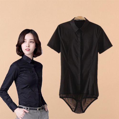 新款长袖连体衬衫短袖女连裤衬衣面试职业工装工作服正装大码弹力