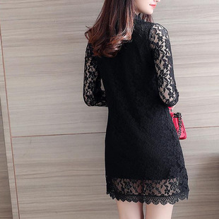 2021春夏女装新款显瘦大码蕾丝打底衫长袖连衣裙T恤蕾丝衫中长款