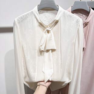 2024新款韩国气质立领系带蕾丝拼接竖条长袖雪纺衫女春季薄款上衣