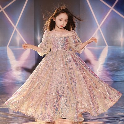 大码胖女孩女大童公主裙生日宴会主持人晚礼服亮片走秀钢琴演出服