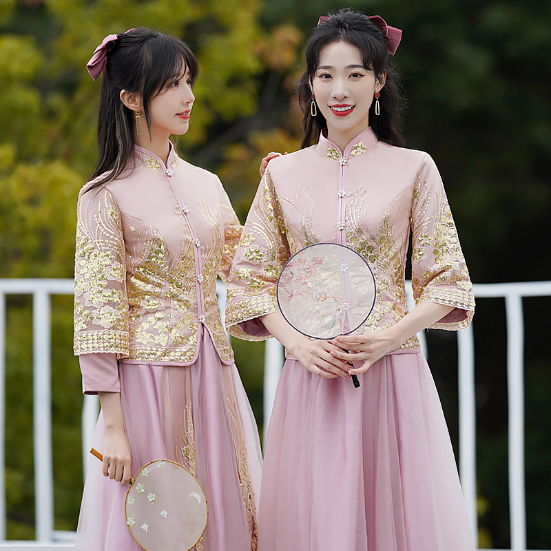 伴娘服中式中国风2021新款冬季结婚灰色闺蜜装伴娘团姐妹裙礼服女