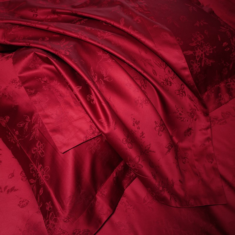 轻奢风婚庆四件套100S长绒棉提花被套酒红色纯棉床单结婚床上用品