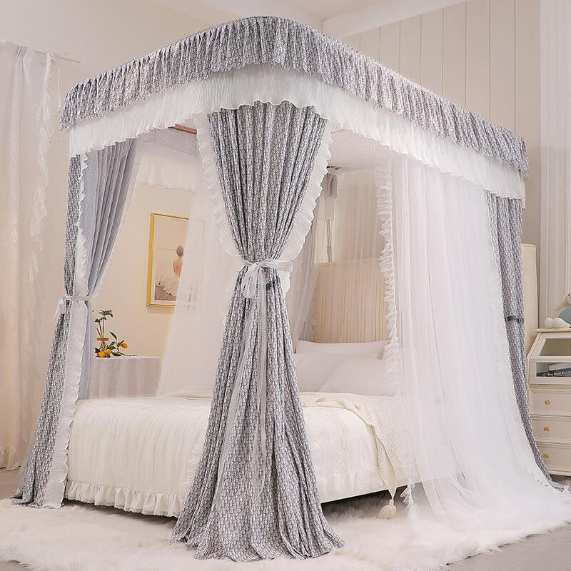 贤内助遮光床幔蚊帐双层导轨U形遮光防蚊一体不打墙合金支架花边