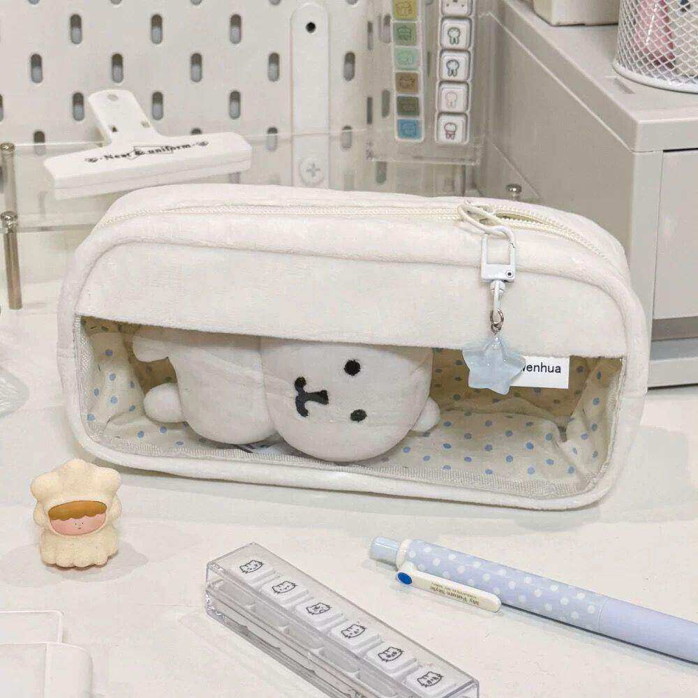 简约奶白波点痛包笔袋学生ins风纯色高颜值大容量PVC铅笔盒文具袋