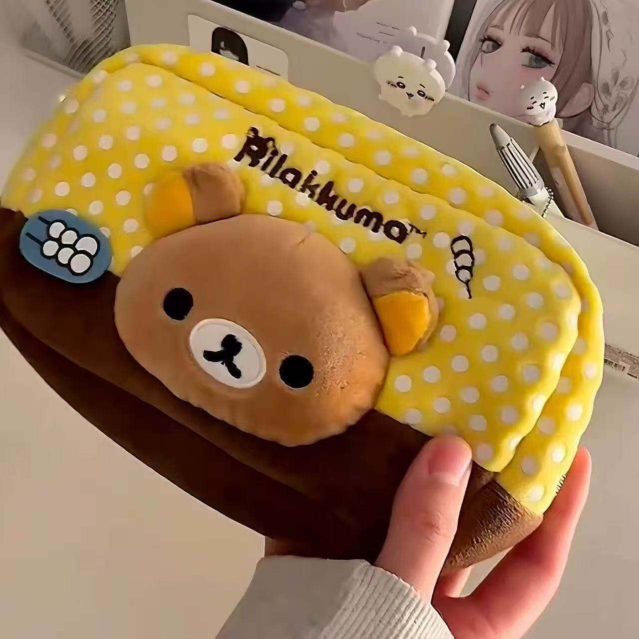 新款日系可爱轻松熊毛绒笔袋大容量学生文具收纳袋ins风文具盒