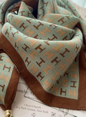 磁扣字母小丝巾女多功能领巾正方形百搭洋气高级感护颈棉麻小围巾