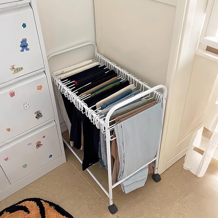 裤架衣架移动置物落地架晾裤子专用衣架可伸缩带滑轮裤子收纳神器