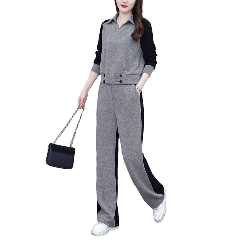 百搭休闲时尚灰色套装春季新款2025胖mm大码拼色翻领卫衣阔腿裤女