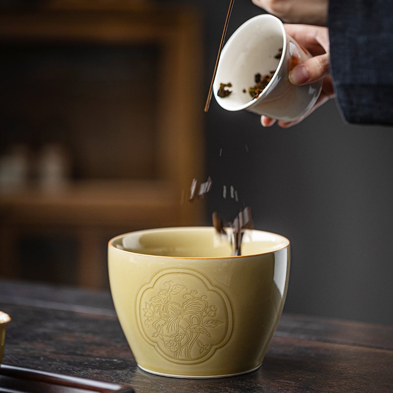 定窑黄茶洗家用陶瓷茶渣缸桌面水盂茶水缸废水桶功夫茶道配件杯洗