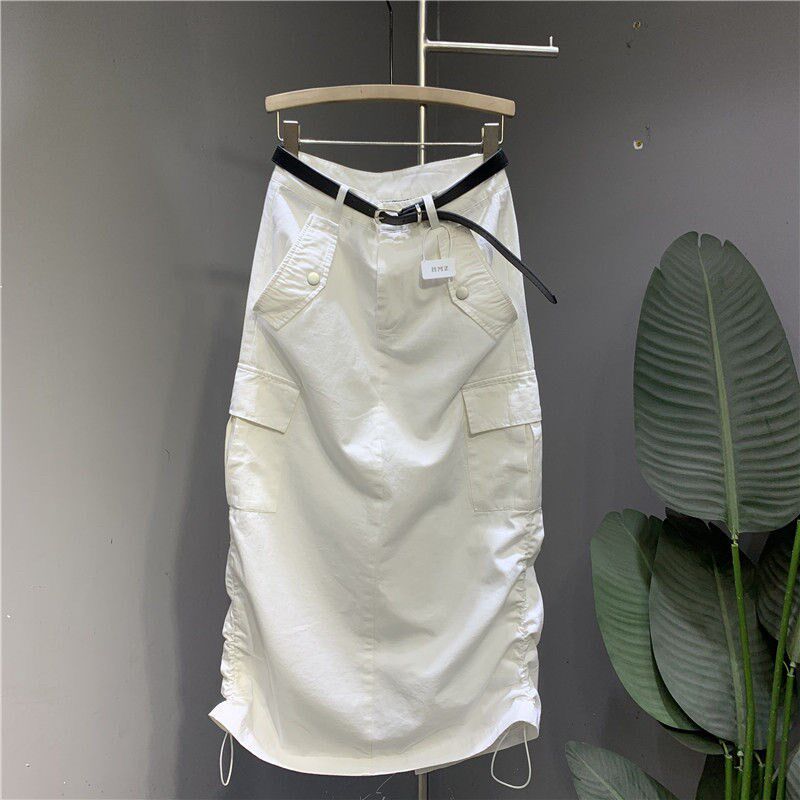 设计感抽绳工装半身裙女2025夏季薄款宽松休闲中长款显瘦包臀裙子