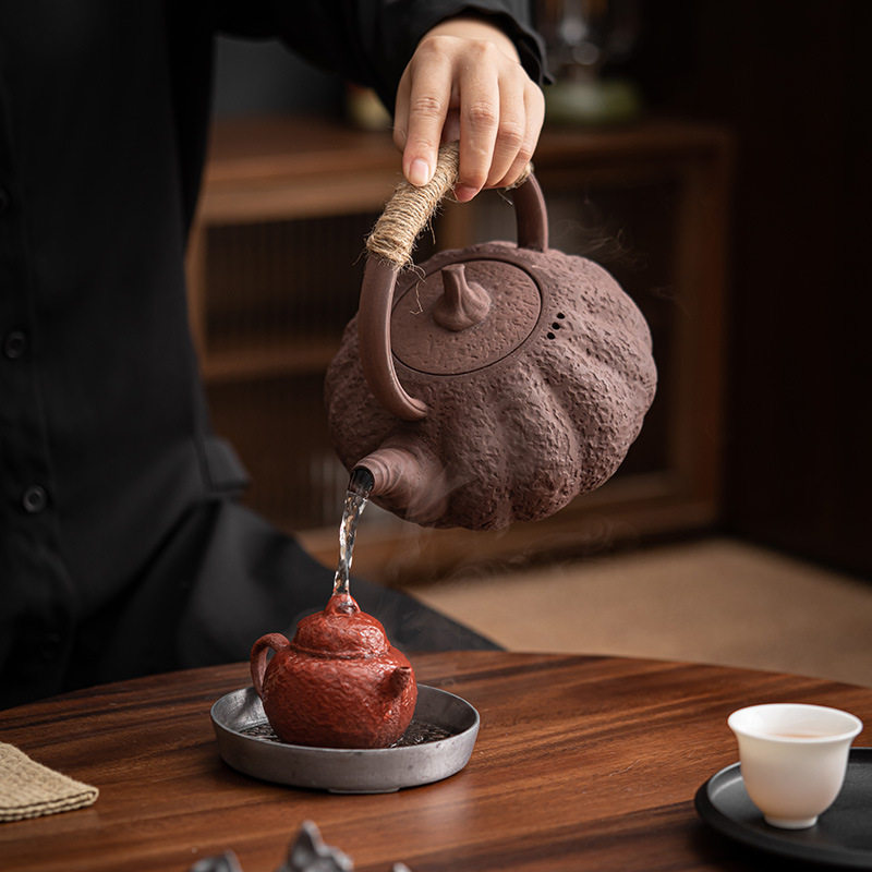 古早烧粗陶铁锈釉提梁烧水壶设计复古侧把壶炭炉酒精炉煮茶器套装