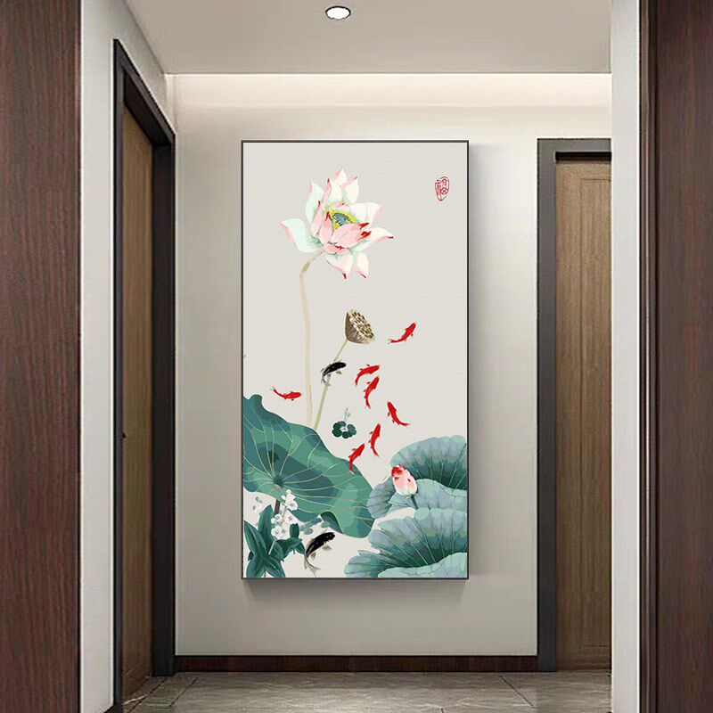 竖版新中式DIY数字油彩画九鱼图招财挂画客厅玄关走廊荷花装饰画