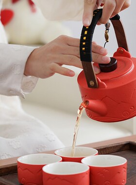 仲夏知己结婚敬茶杯套装红色茶具茶壶喜杯新婚礼物送新人订婚用品