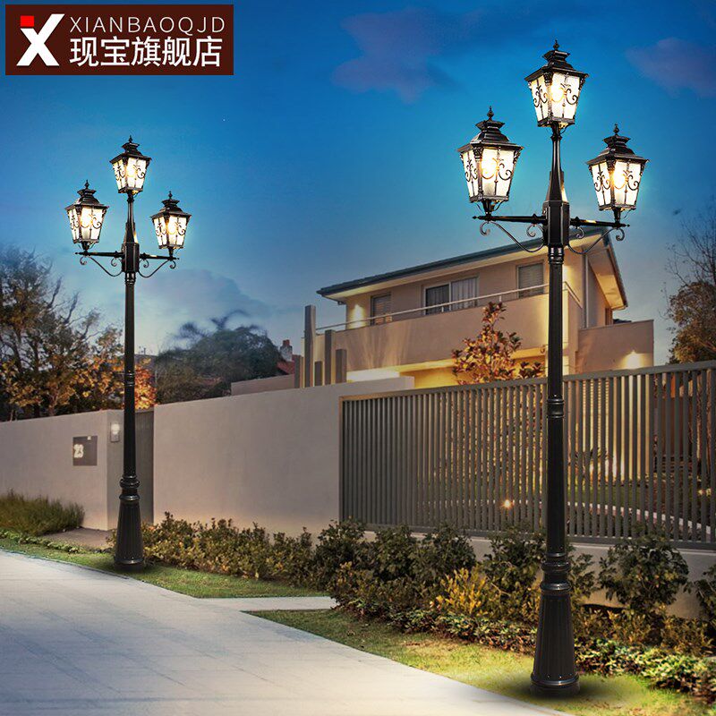 别墅庭院路灯三头户外防水花园家用院子欧式复古220v室外小高杆灯