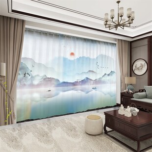 新中式山水风景画窗帘2024新款水墨国风客厅办公室纱帘遮挡隔断帘